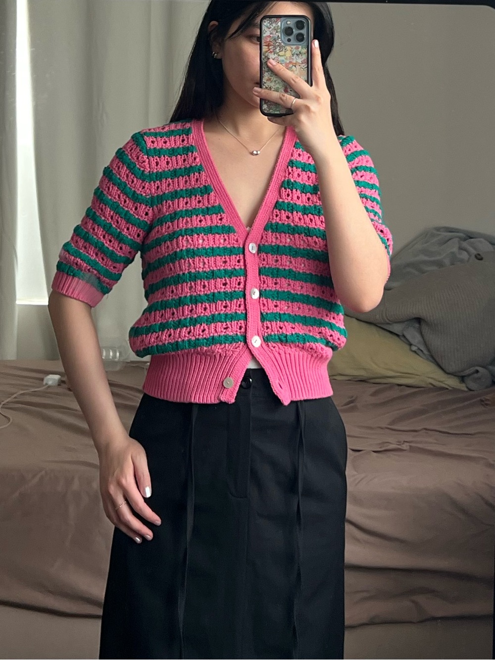 Zara Pink and Green Striped Short Sleeve Knit Cardigan